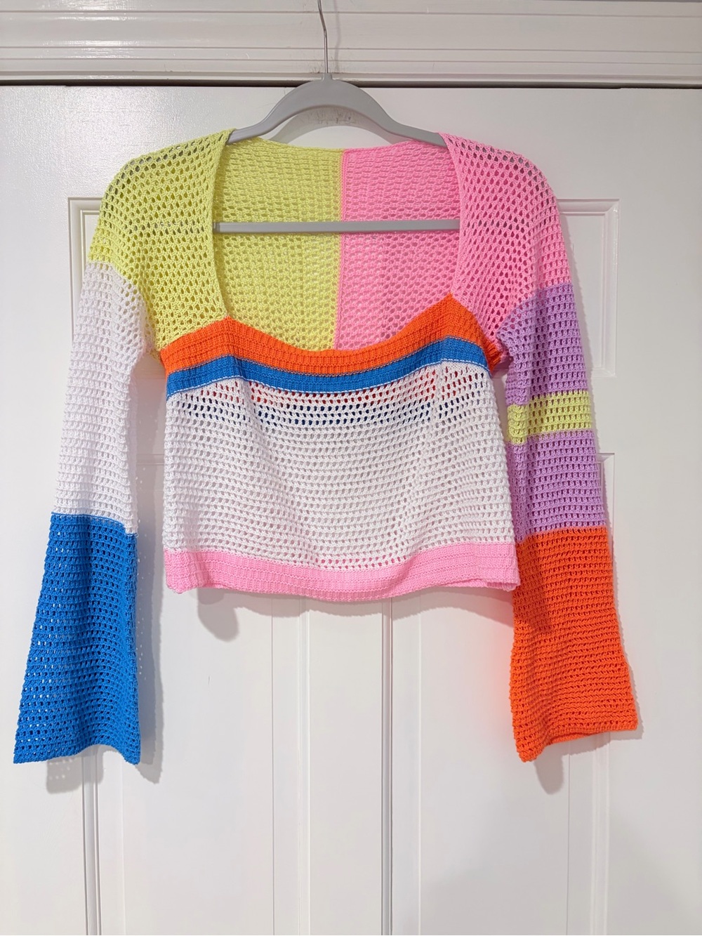 Colorblock Crochet Open-Front Women’s Top - Pink, White, Blue & Orange- Medium